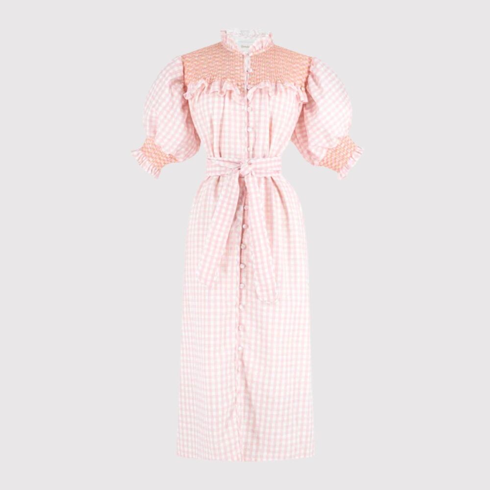 Dondolo Midi Dress Peach Gen Gingham Smocked Belted Linen Puff Sleeve Large